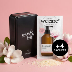 metalldose bzw. aufbewahrungsdose mit einem handseifen sachet nachfüllbeutel zum selbermischen, duftrichtung magnolie sandelholz
