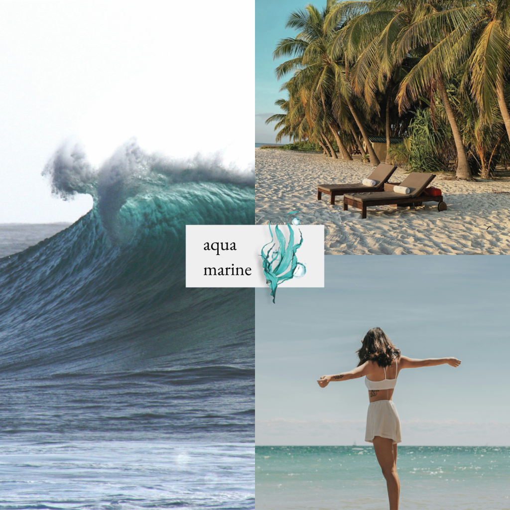 Bildcollage zur Visualisierung der Duftrichtung Aqua Marine. Abbildung einer großen Welle, zwei Liegen an einem tropischen Strand und einer Frau die mit ausgebreiteten Armen auf das weite Meer blickt