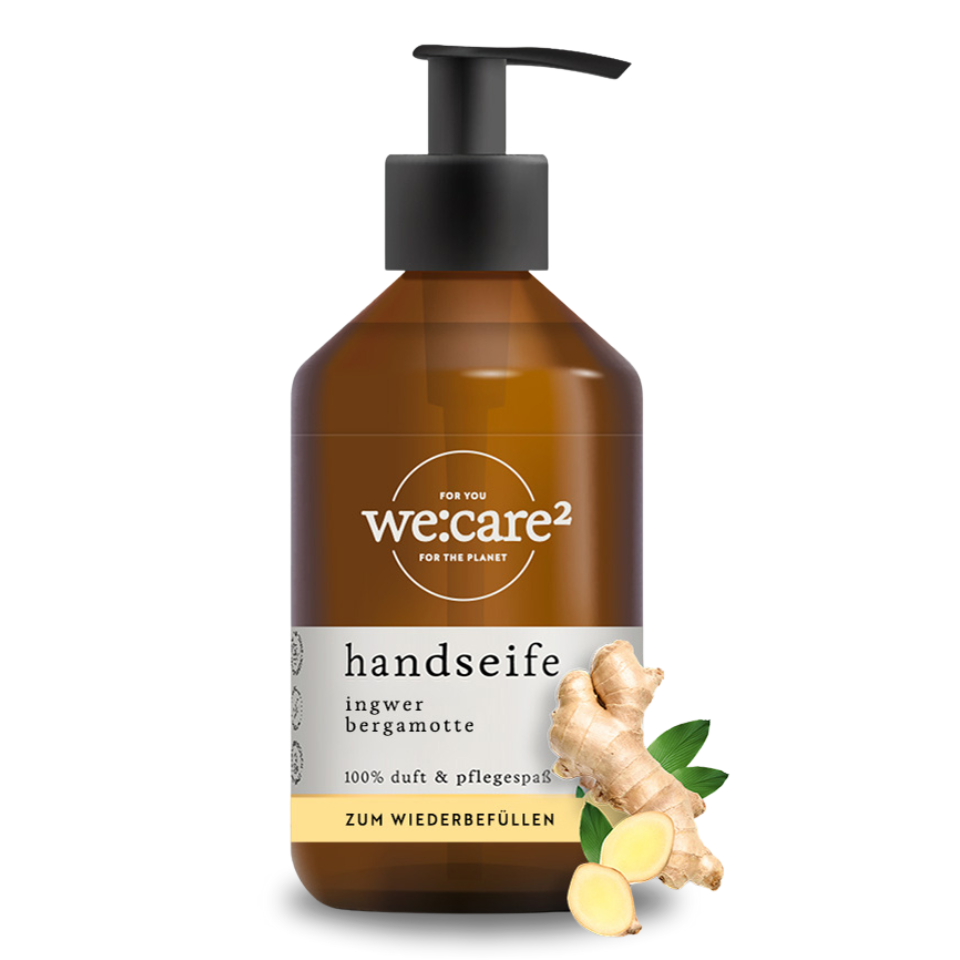 befüllte Flasche Handseife we:care² Ingwer-Bergamotte