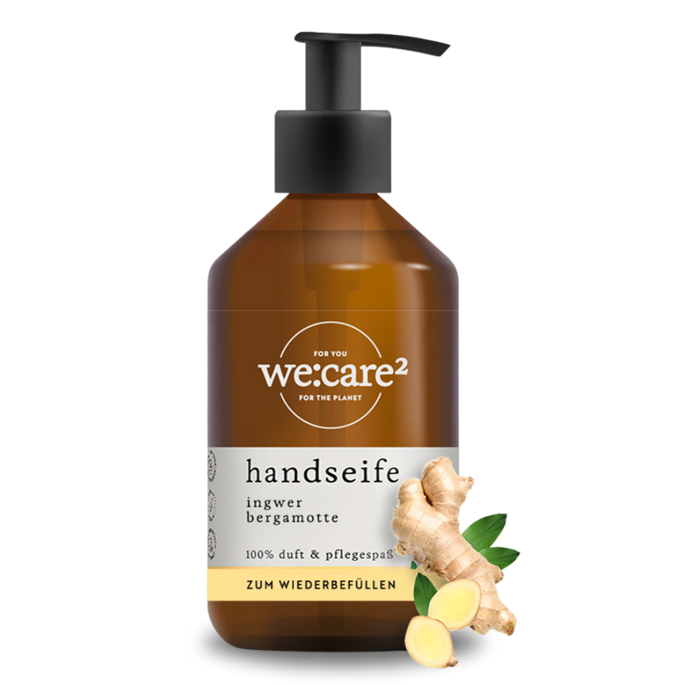 befüllte Flasche Handseife we:care² Ingwer Bergamotte