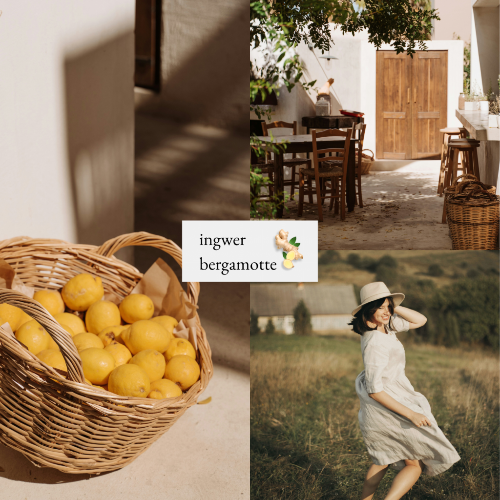 Bildcollage zur Visualisierung der Duftrichtung Ingwer Bergamotte. Abbildung von Zitronen in einem Korb, einem Hof in dem ein Holztisch und mehrere Stühle und eine Holztür zu sehen sind und einer tanzenden Frau mit Hut, die sich in einer Wiese befindet