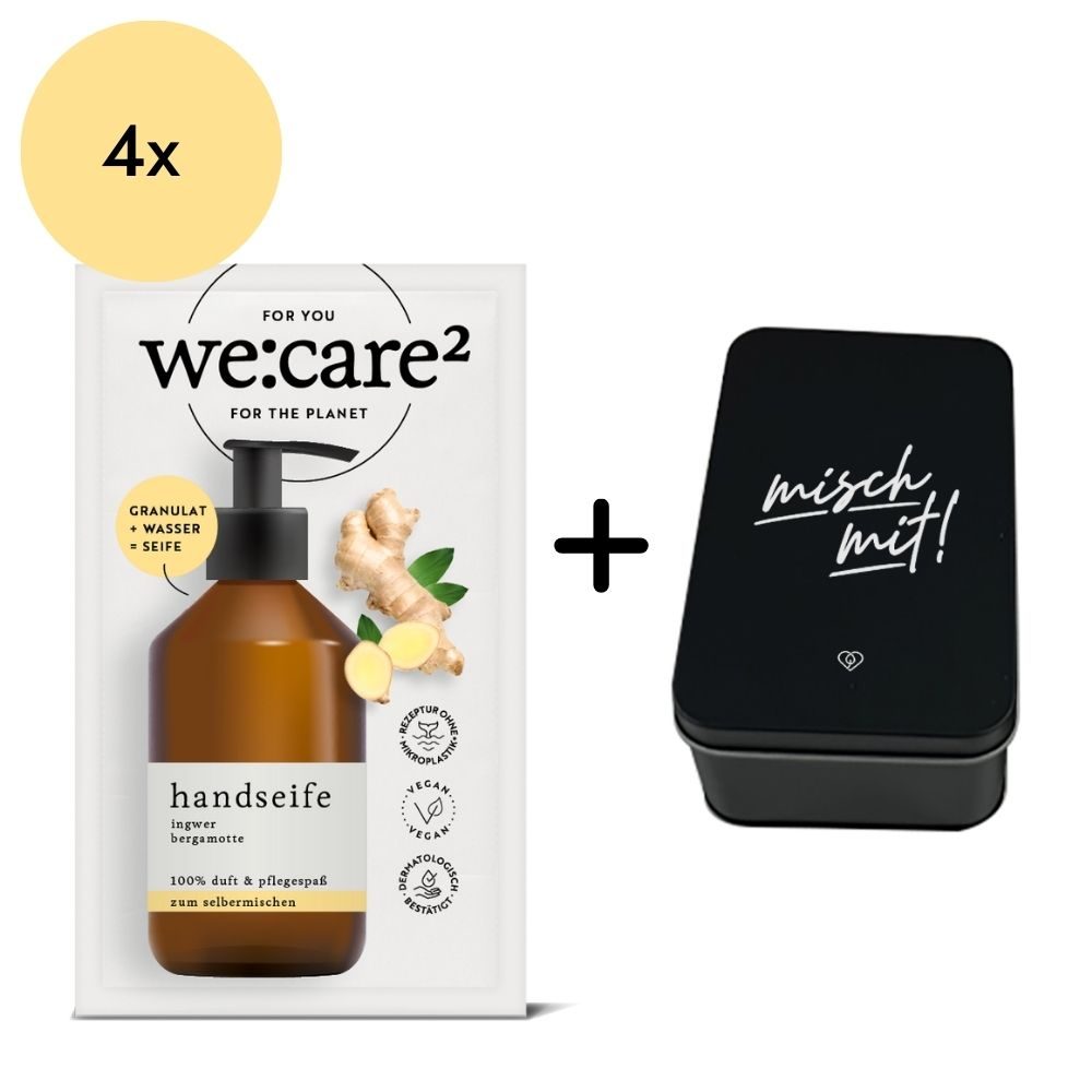 Granulat-Sachet Ingwer Bergamotte mit Störer "4mal" und Aufbewahrungsdose