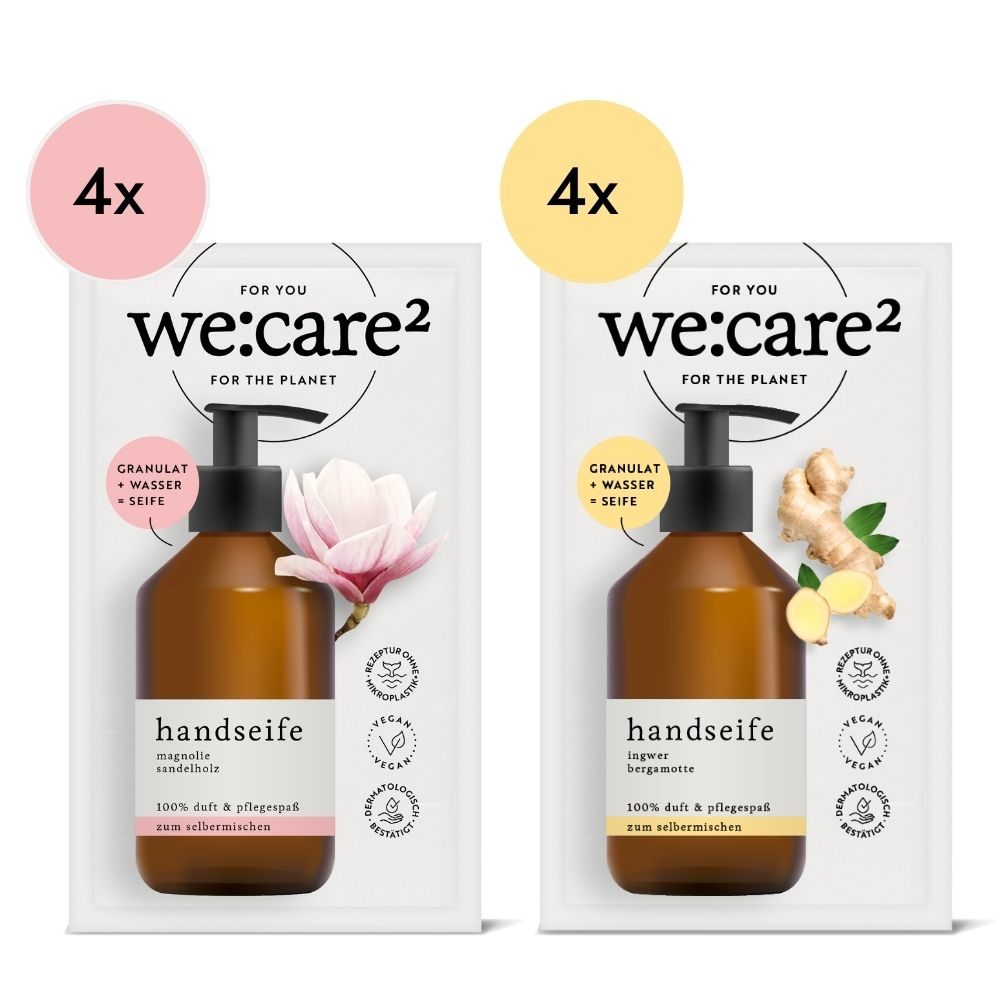 we:care² Granulat-Sachets Magnolie Sandelholz mit Störer "4mal" und Ingwer Bergamotte mit Störer "4mal"