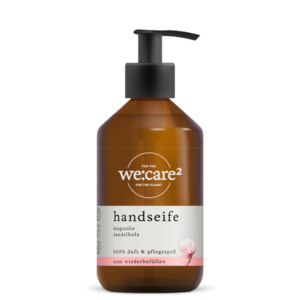 we:care² handseife, flüssigseife mit Duft Magnolie Sandelholz in einer befüllten rPET Flasche