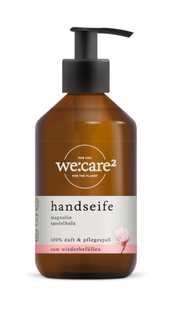 we care zwei befüllte Flasche mit Handseife zum Wiederauffüllen Magnolie-Sandelholz