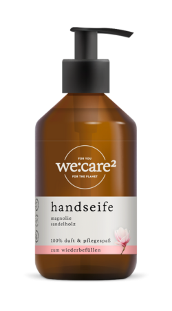 we care zwei befüllte Flasche mit Handseife zum Wiederauffüllen Magnolie-Sandelholz