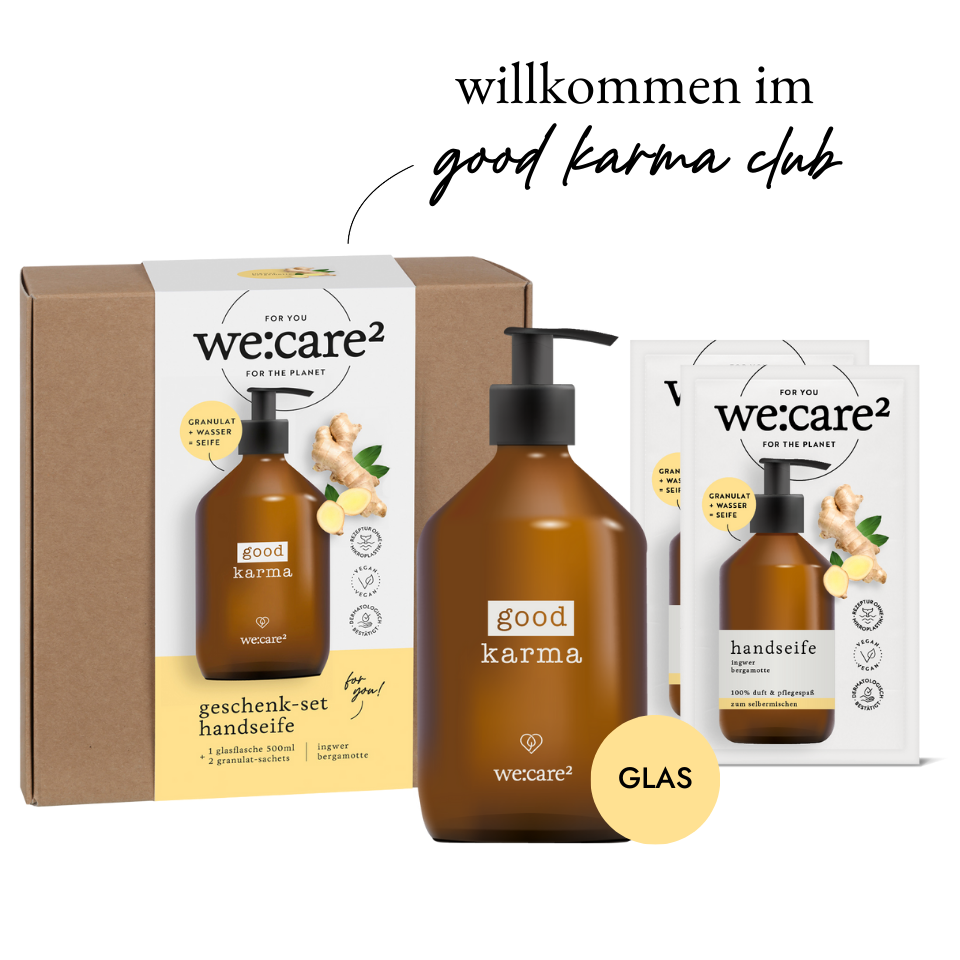 Geschenkset Good Karma mit Inhalt: Seifenspender aus Glas + 2 Granulat-Tütchen