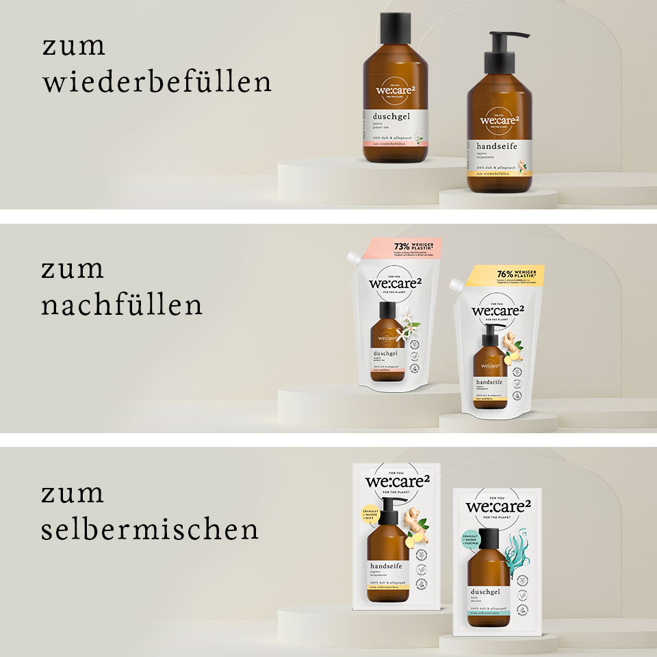 we:care² Produktkategorien befüllte Flasche, Nachfüllbeutel und Granulat im Papier-Sachet