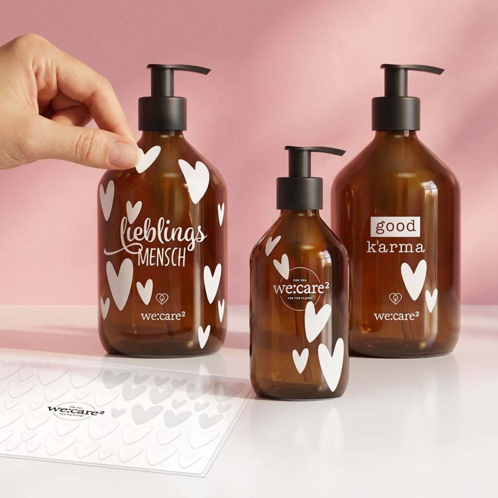 Aufkleber für Glas auf 500ml Glasflasche geklebt